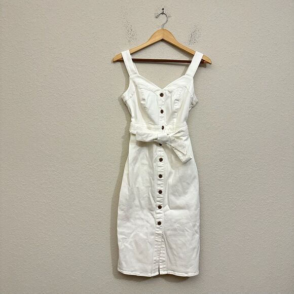 BRAVISSIMO Button Front Denim Dress Belted Knee-Length Stone Garden Party NWT - Picture 1 of 14